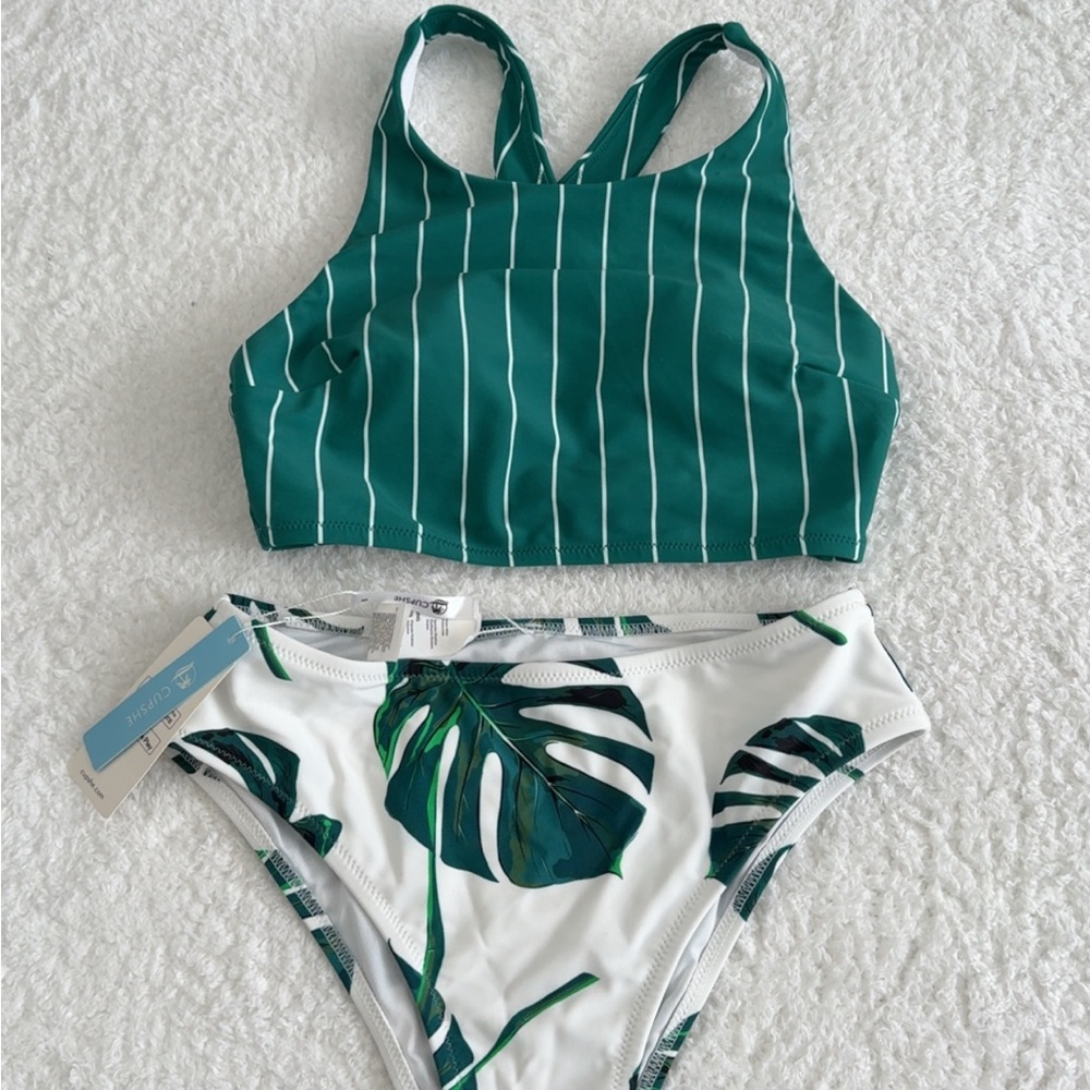 Cupshe Teal Striped Bikini with Leaf Print
